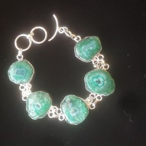New Green Solar Slice Agate 925 Silver Bracelet.